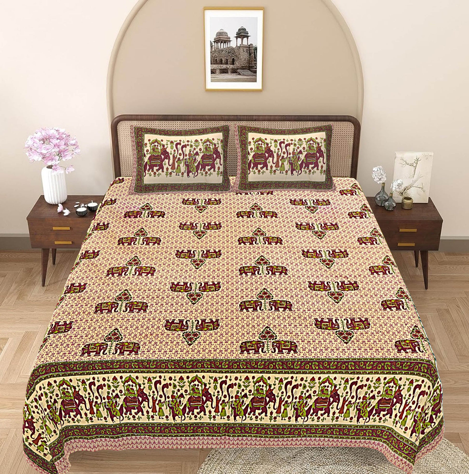 Green & Maroon Ethnic Motifs 240 TC Cotton 1 Super King Bedsheet with 2 Pillow Covers SHKV1072