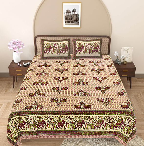 Green & Maroon Ethnic Motifs 240 TC Cotton 1 Super King Bedsheet with 2 Pillow Covers SHKV1072