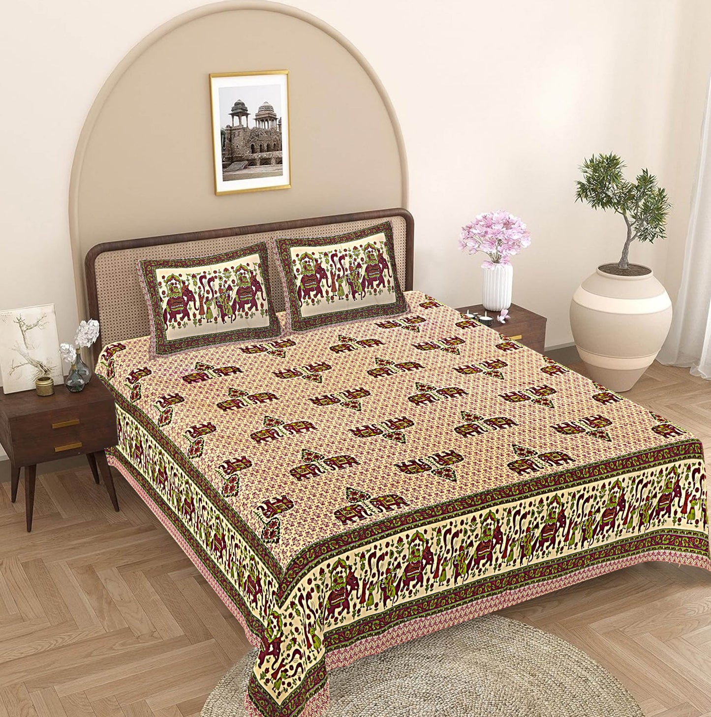 Green & Maroon Ethnic Motifs 240 TC Cotton 1 Super King Bedsheet with 2 Pillow Covers SHKV1072