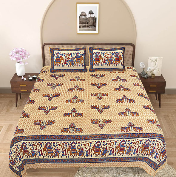 Blue & Brown Ethnic Motifs 240 TC Cotton 1 Super King Bedsheet with 2 Pillow Covers SHKV1073