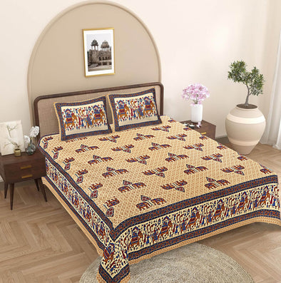 Blue & Brown Ethnic Motifs 240 TC Cotton 1 Super King Bedsheet with 2 Pillow Covers SHKV1073