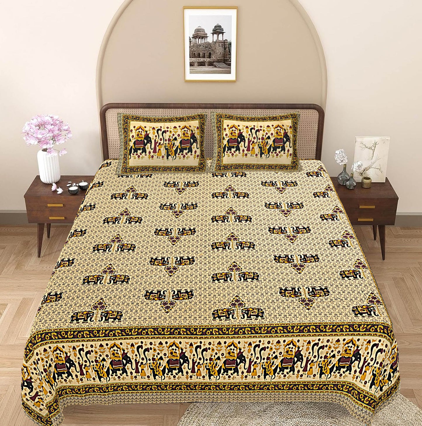 Yellow & Black Ethnic Motifs 240 TC Cotton 1 Super King Bedsheet with 2 Pillow Covers SHKV1074