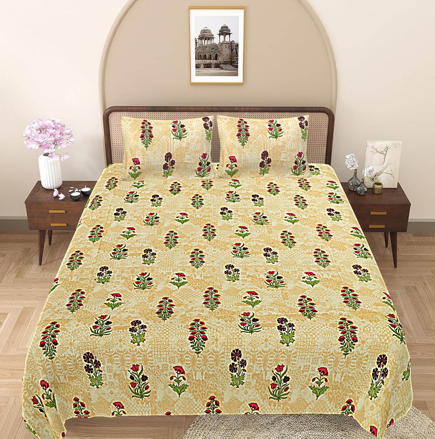 Beige & Green Floral 240 TC Cotton 1 Super King Bedsheet with 2 Pillow Covers SHKV1075