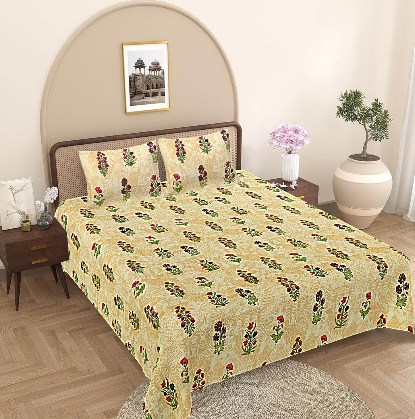 Beige & Green Floral 240 TC Cotton 1 Super King Bedsheet with 2 Pillow Covers SHKV1075