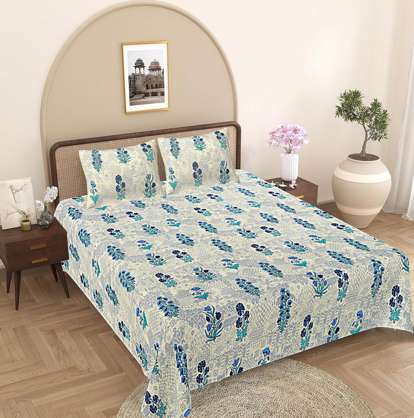 Sky Blue Floral 240 TC Cotton 1 Super King Bedsheet with 2 Pillow Covers SHKV1076