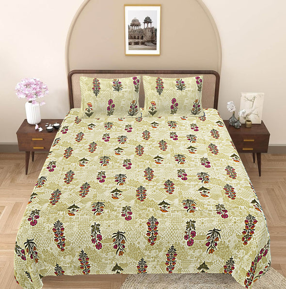 Olive Green Floral 240 TC Cotton 1 Super King Bedsheet with 2 Pillow Covers SHKV1077