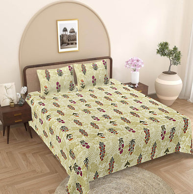 Olive Green Floral 240 TC Cotton 1 Super King Bedsheet with 2 Pillow Covers SHKV1077