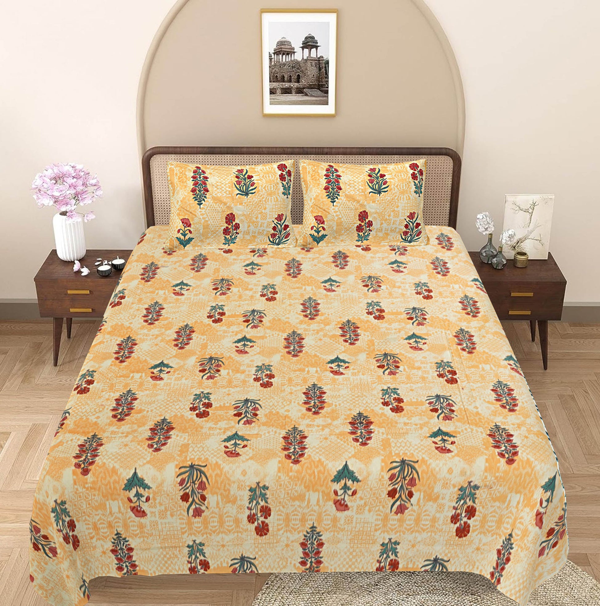 Peach & Red Floral 240 TC Cotton 1 Super King Bedsheet with 2 Pillow Covers SHKV1078