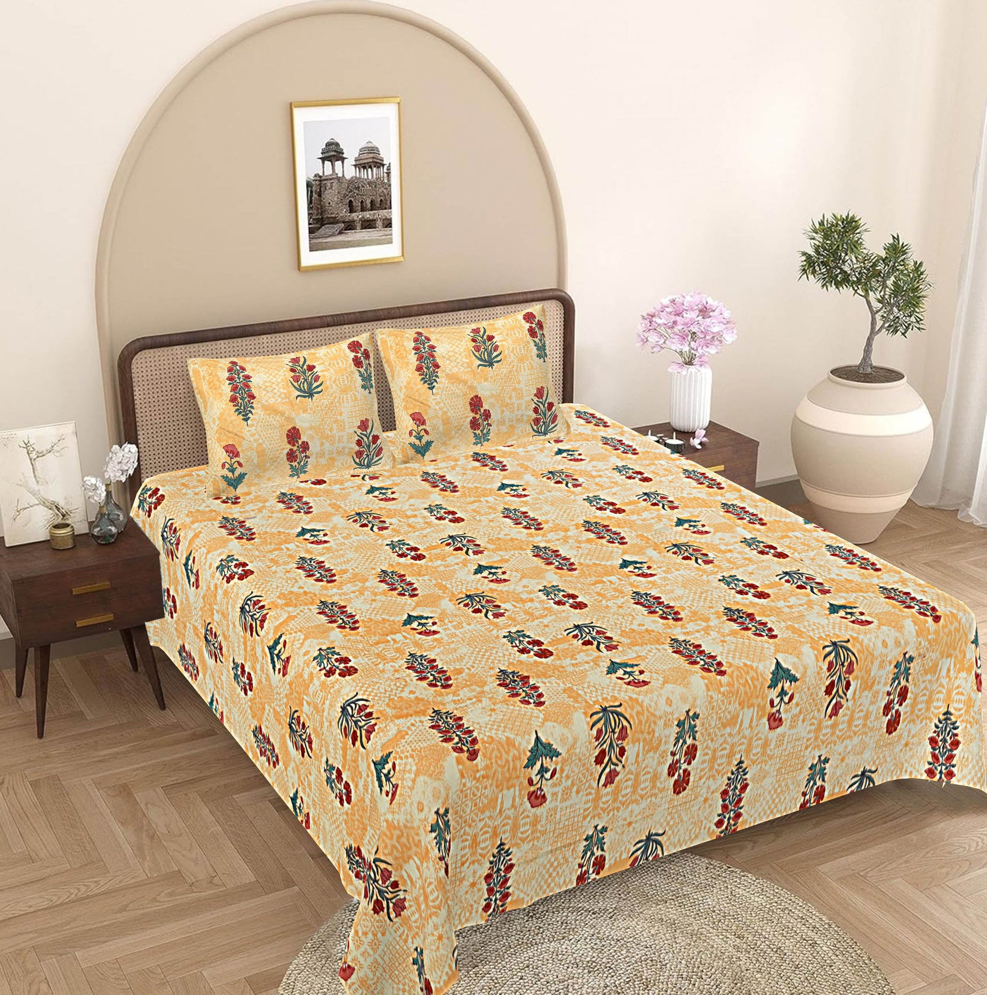 Peach & Red Floral 240 TC Cotton 1 Super King Bedsheet with 2 Pillow Covers SHKV1078