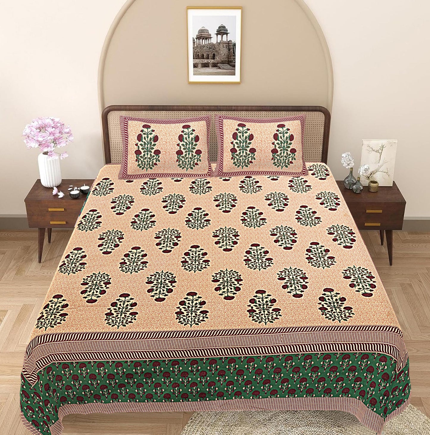 Green Floral 240 TC Cotton 1 Super King Bedsheet with 2 Pillow Covers SHKV1079