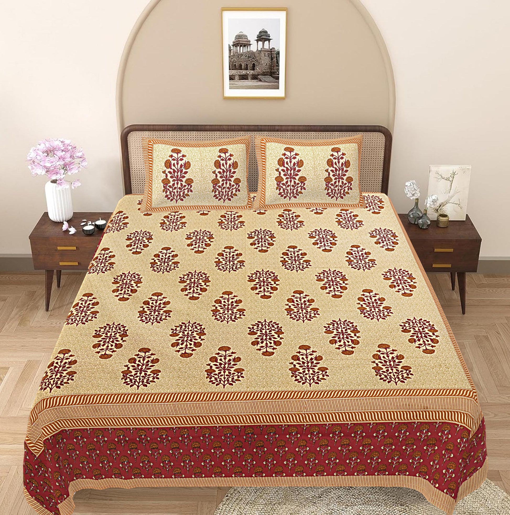 Maroon Floral 240 TC Cotton 1 Super King Bedsheet with 2 Pillow Covers SHKV1080