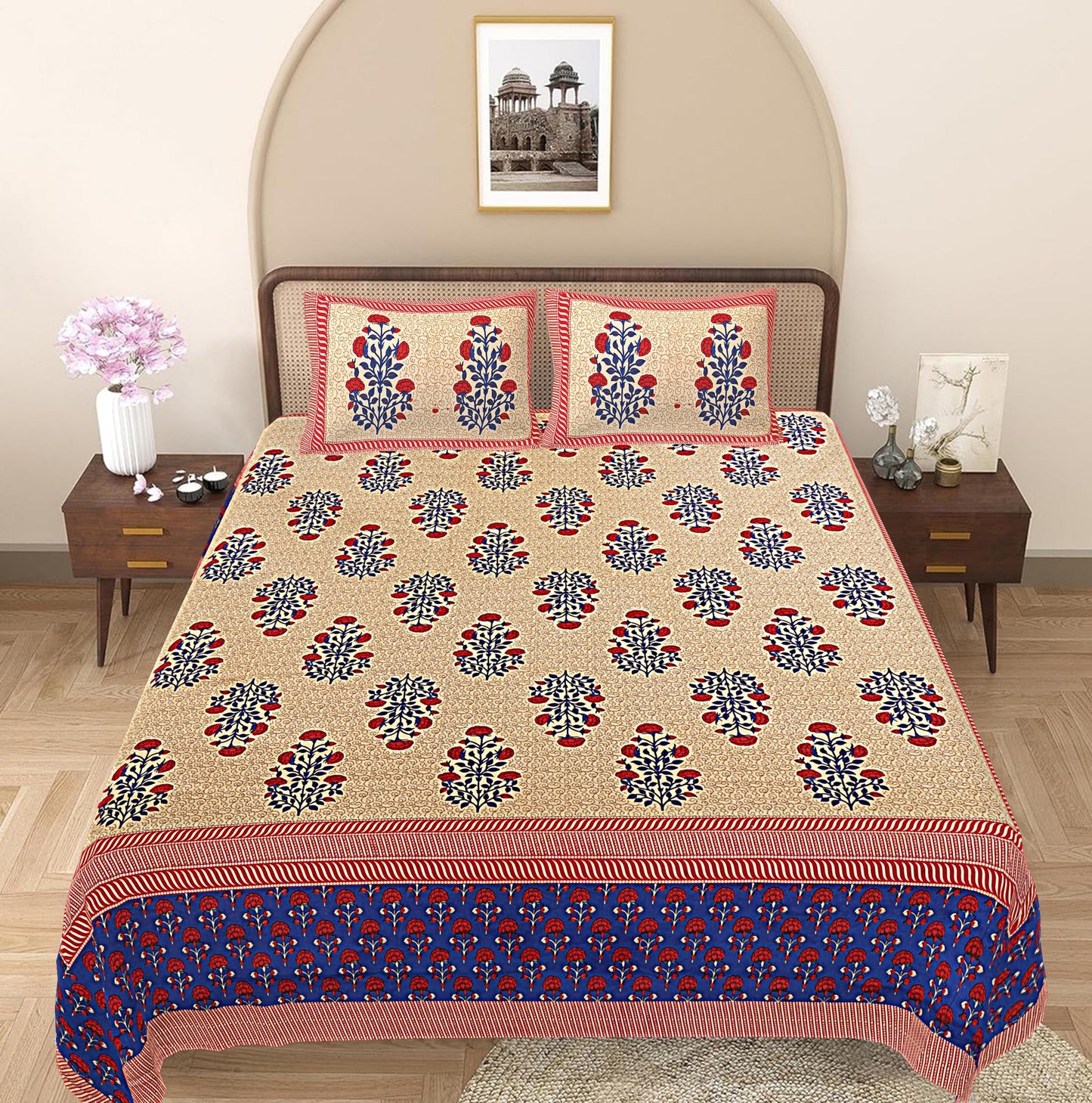 Blue Floral 240 TC Cotton 1 Super King Bedsheet with 2 Pillow Covers SHKV1081