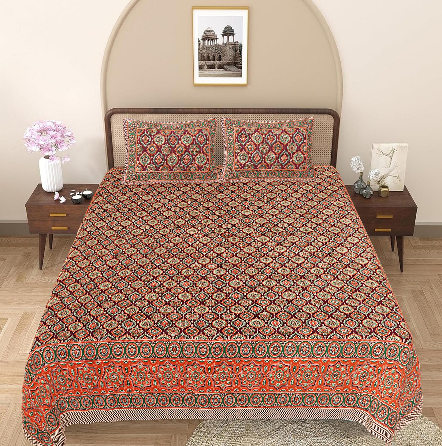 Orange Floral 240 TC Cotton 1 Super King Bedsheet with 2 Pillow Covers SHKV1085