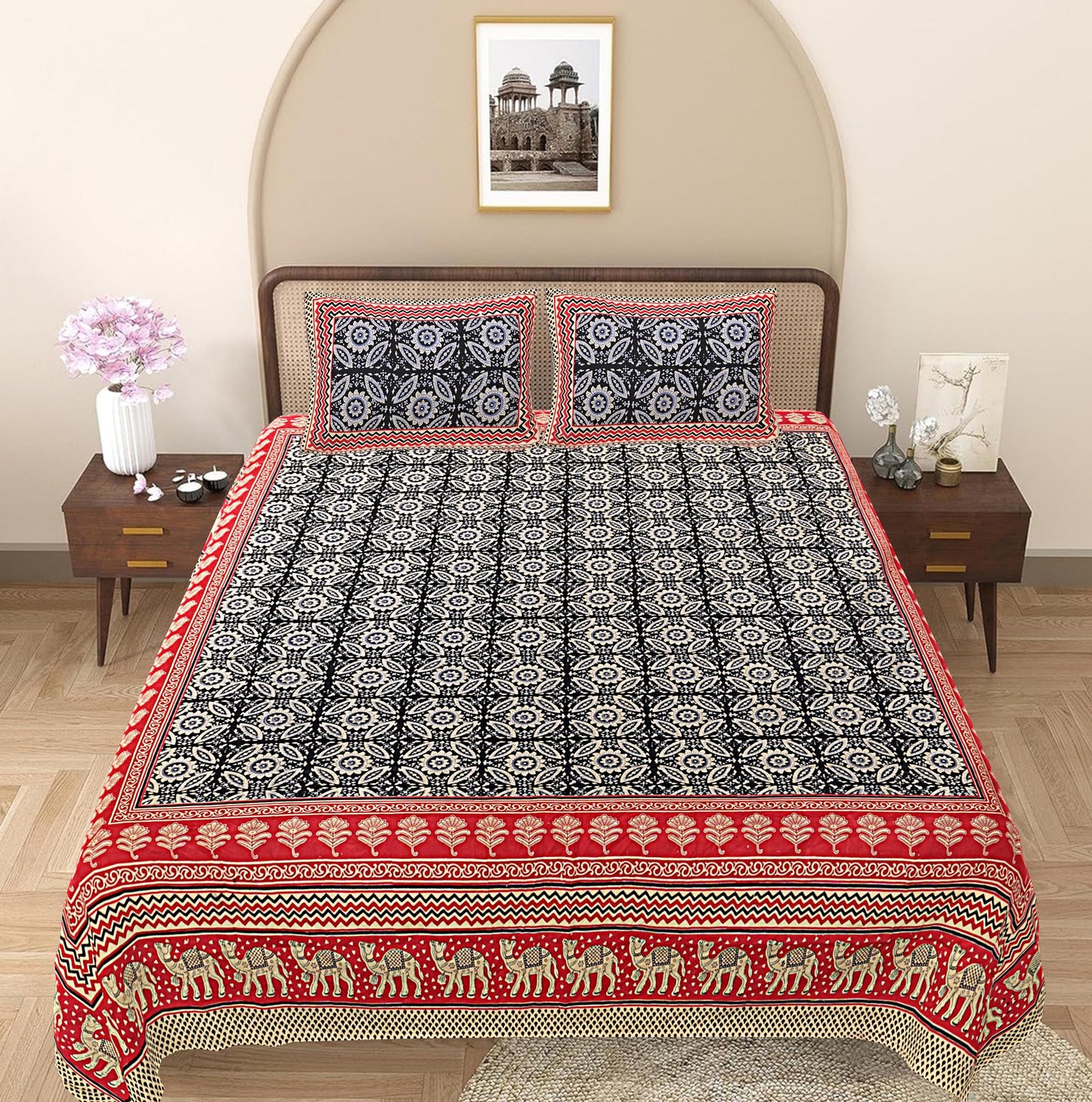 Black Ethnic Motifs 240 TC Cotton 1 Super King Bedsheet with 2 Pillow Covers SHKV1087