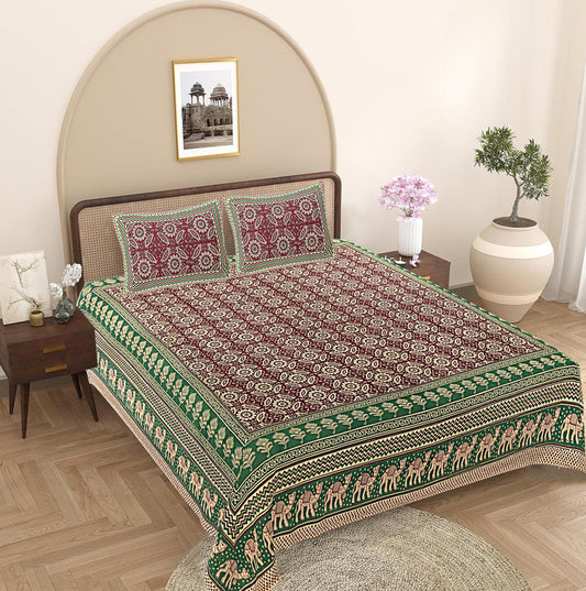 Green Ethnic Motifs 240 TC Cotton 1 Super King Bedsheet with 2 Pillow Covers SHKV1088