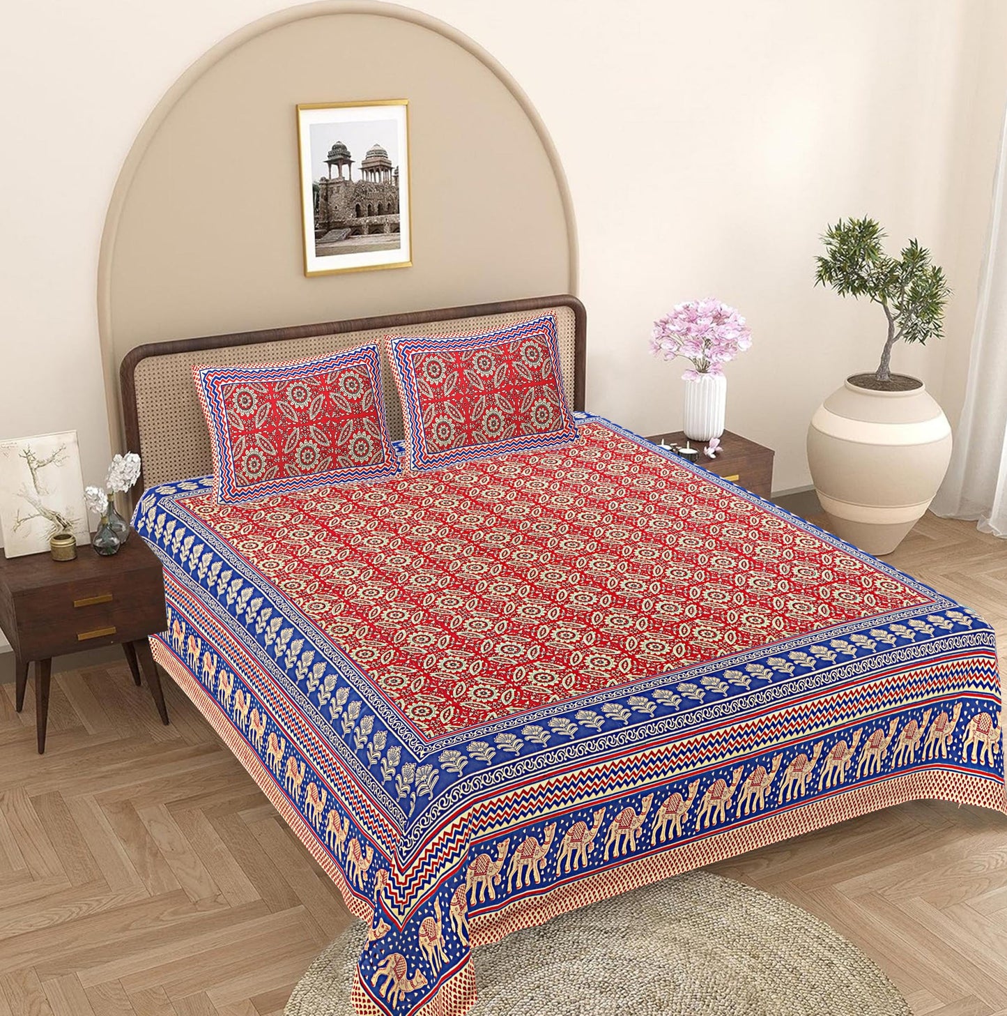 Blue Ethnic Motifs 240 TC Cotton 1 Super King Bedsheet with 2 Pillow Covers SHKV1089