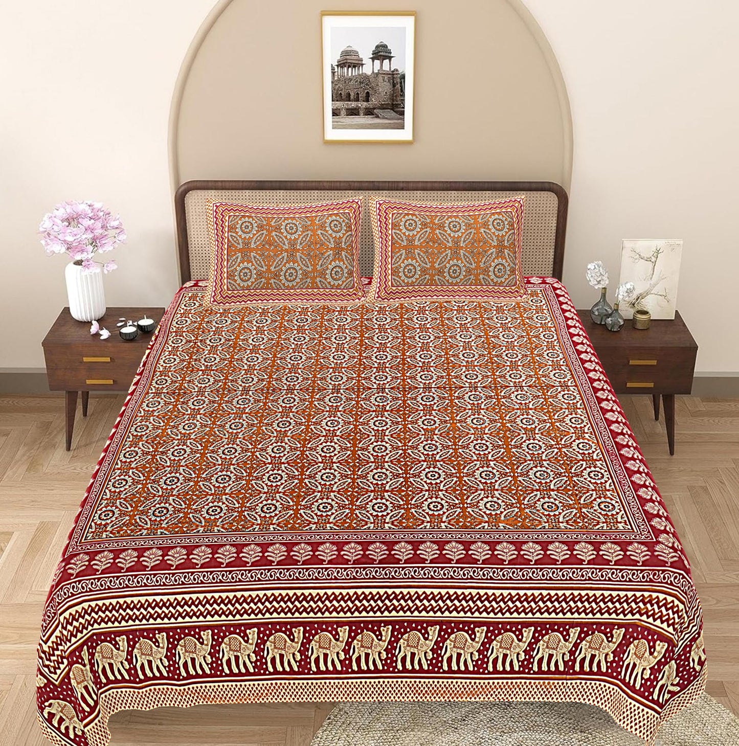 Brown Ethnic Motifs 240 TC Cotton 1 Super King Bedsheet with 2 Pillow Covers SHKV1090