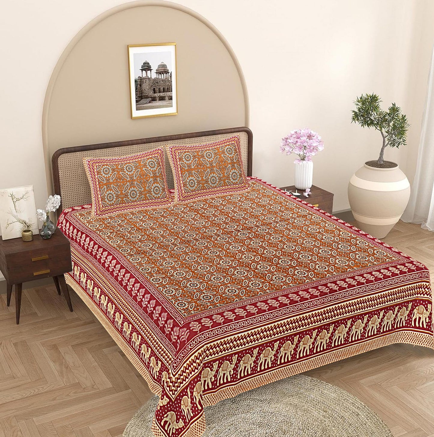 Brown Ethnic Motifs 240 TC Cotton 1 Super King Bedsheet with 2 Pillow Covers SHKV1090