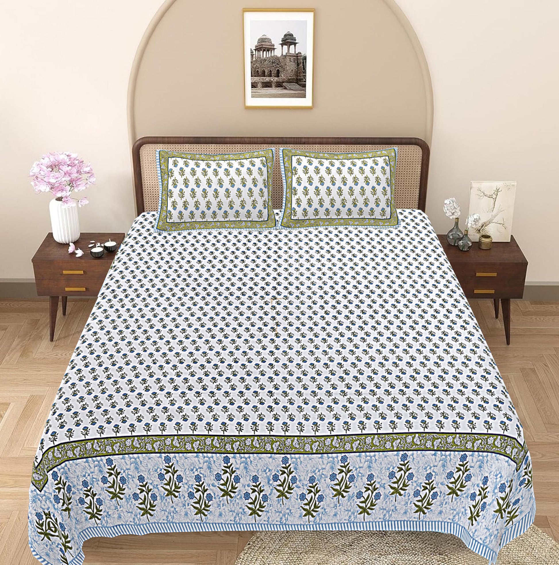 Turquoise Blue Floral 240 TC Cotton 1 Super King Bedsheet with 2 Pillow Covers SHKV1091