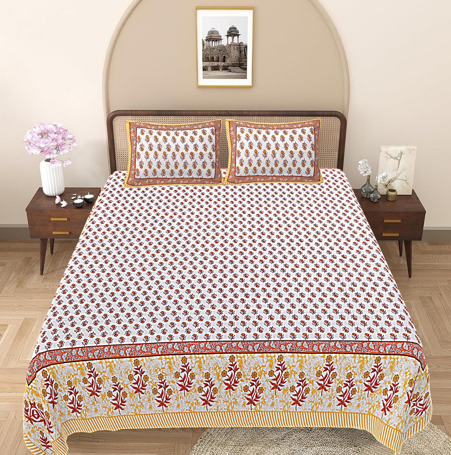 Yellow Floral 240 TC Cotton 1 Super King Bedsheet with 2 Pillow Covers SHKV1092