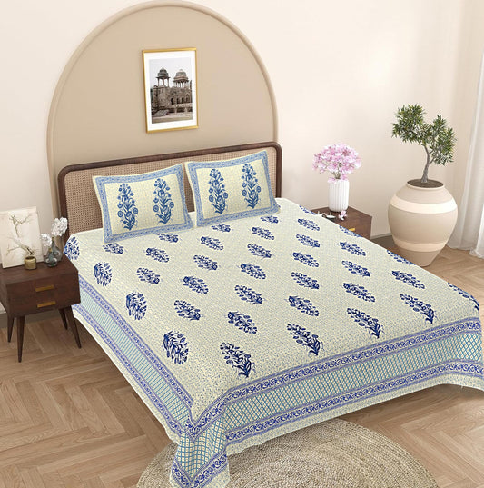 Blue Floral 240 TC Cotton 1 Super King Bedsheet with 2 Pillow Covers SHKV1095