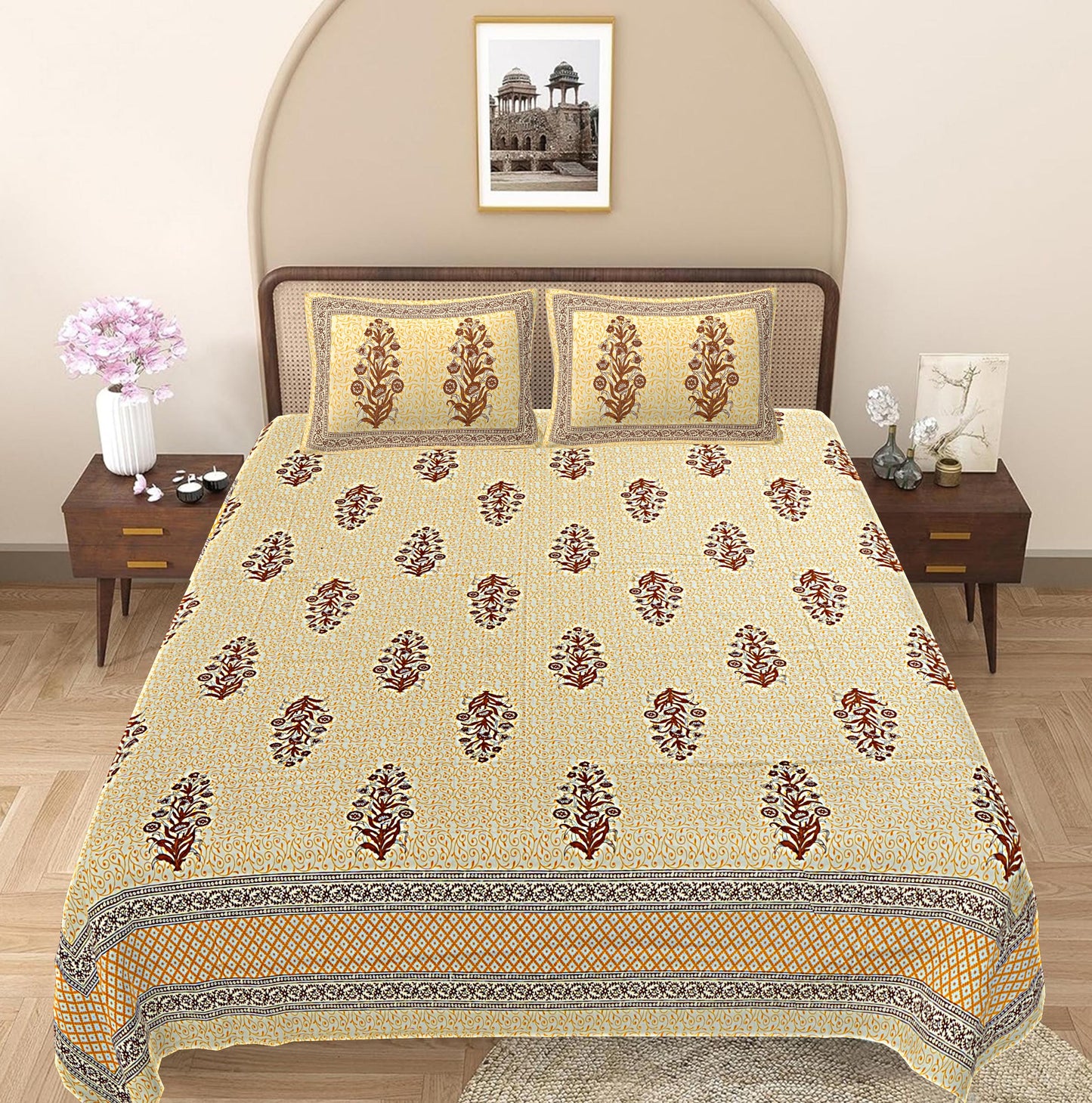 Yellow Floral 240 TC Cotton 1 Super King Bedsheet with 2 Pillow Covers SHKV1096