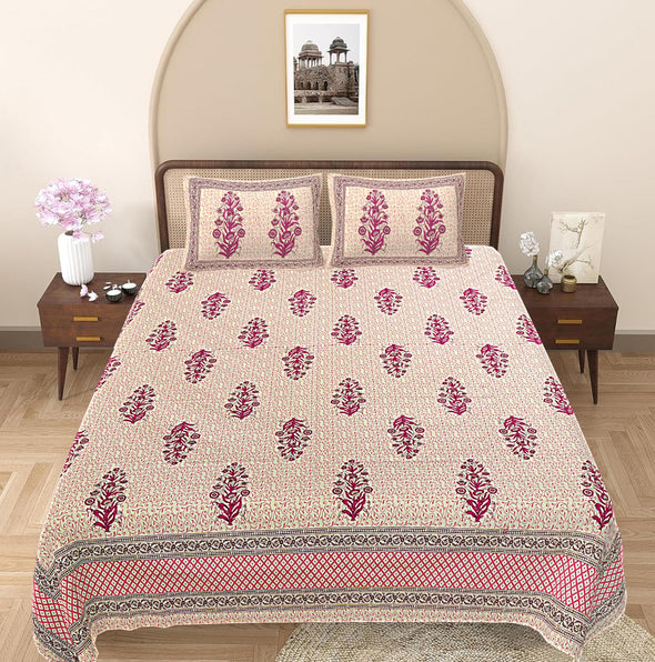 Pink Floral 240 TC Cotton 1 Super King Bedsheet with 2 Pillow Covers SHKV1097