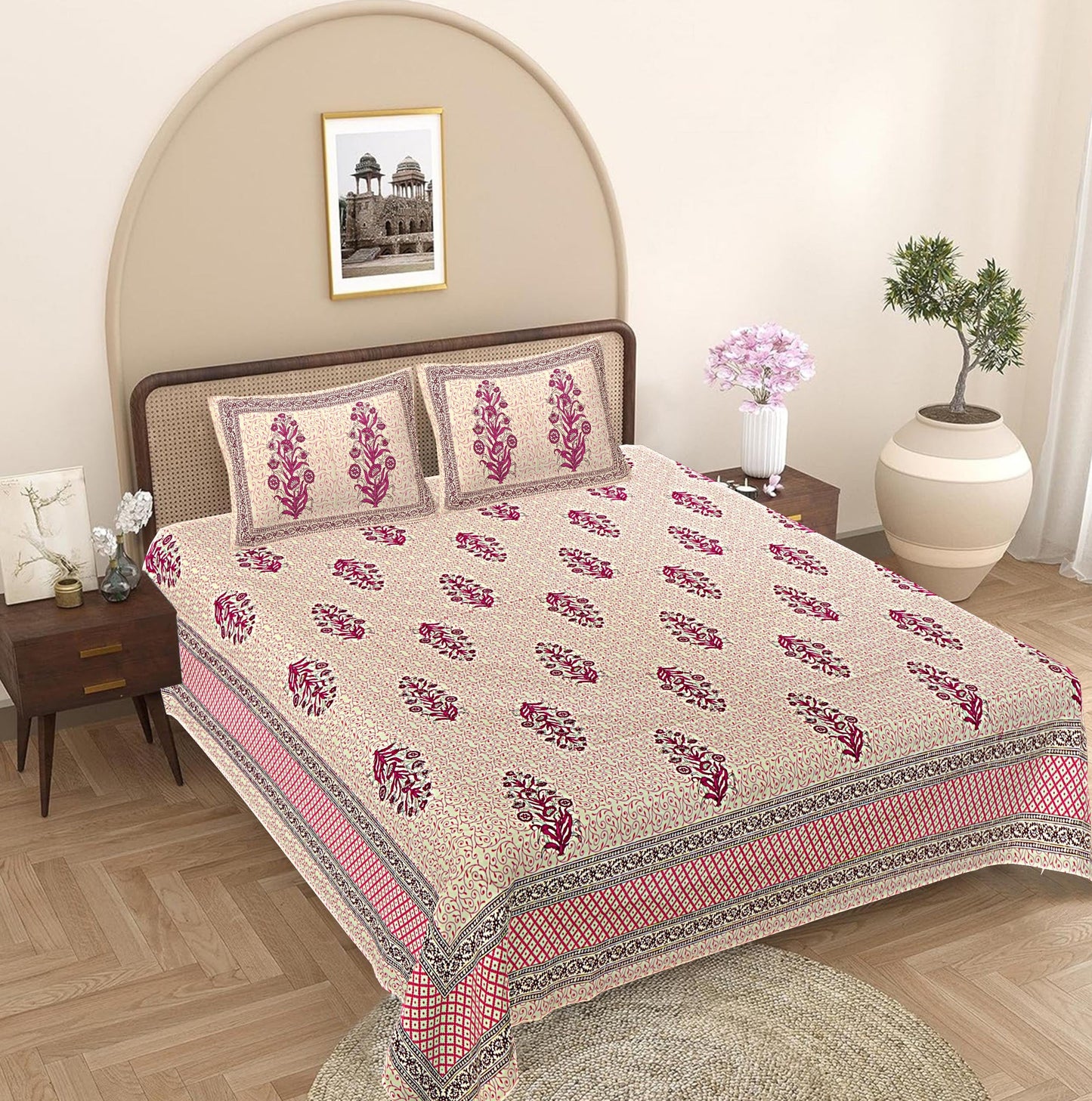 Pink Floral 240 TC Cotton 1 Super King Bedsheet with 2 Pillow Covers SHKV1097