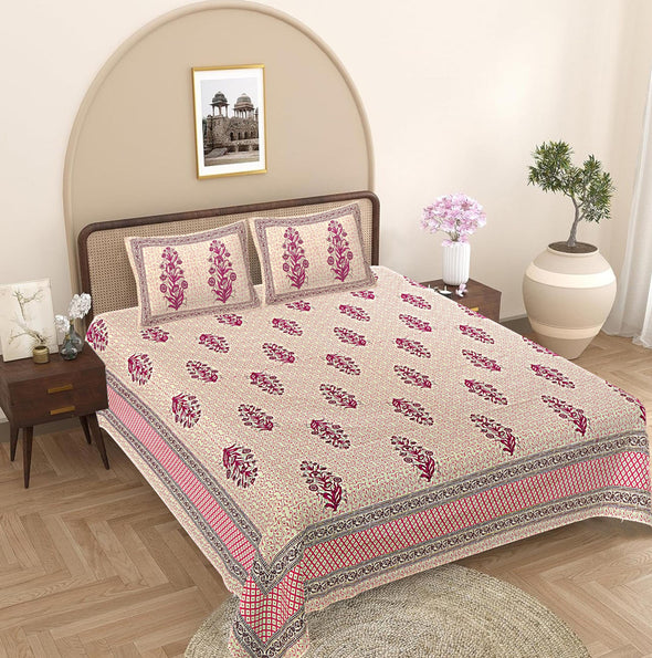 Pink Floral 240 TC Cotton 1 Super King Bedsheet with 2 Pillow Covers SHKV1097