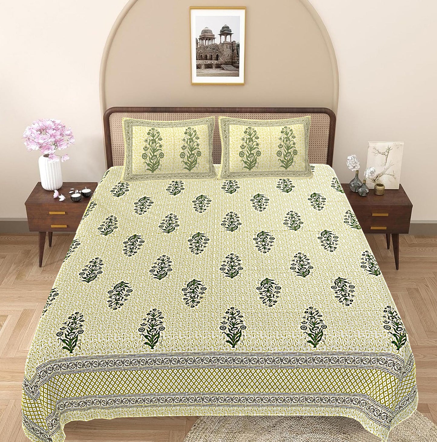 Green Floral 240 TC Cotton 1 Super King Bedsheet with 2 Pillow Covers SHKV1098