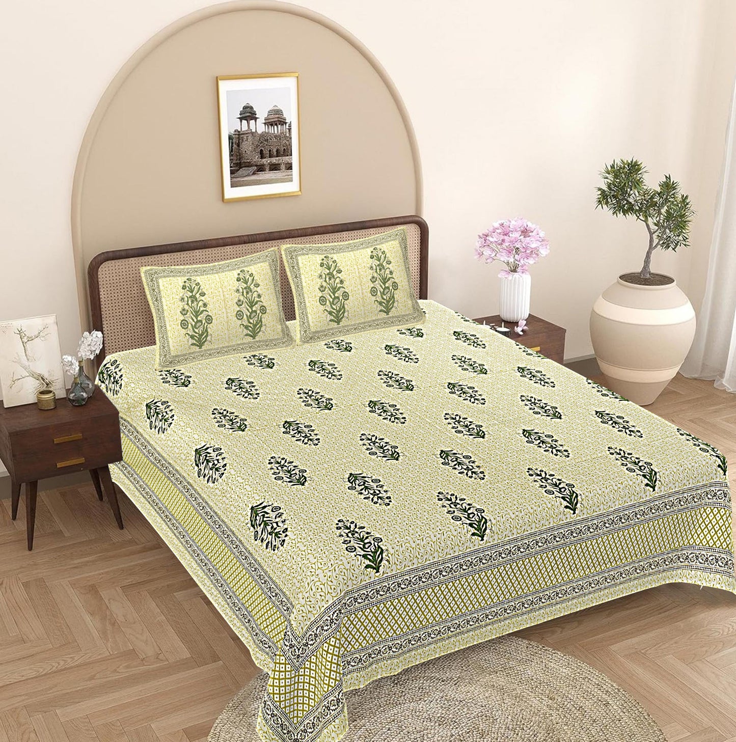 Green Floral 240 TC Cotton 1 Super King Bedsheet with 2 Pillow Covers SHKV1098