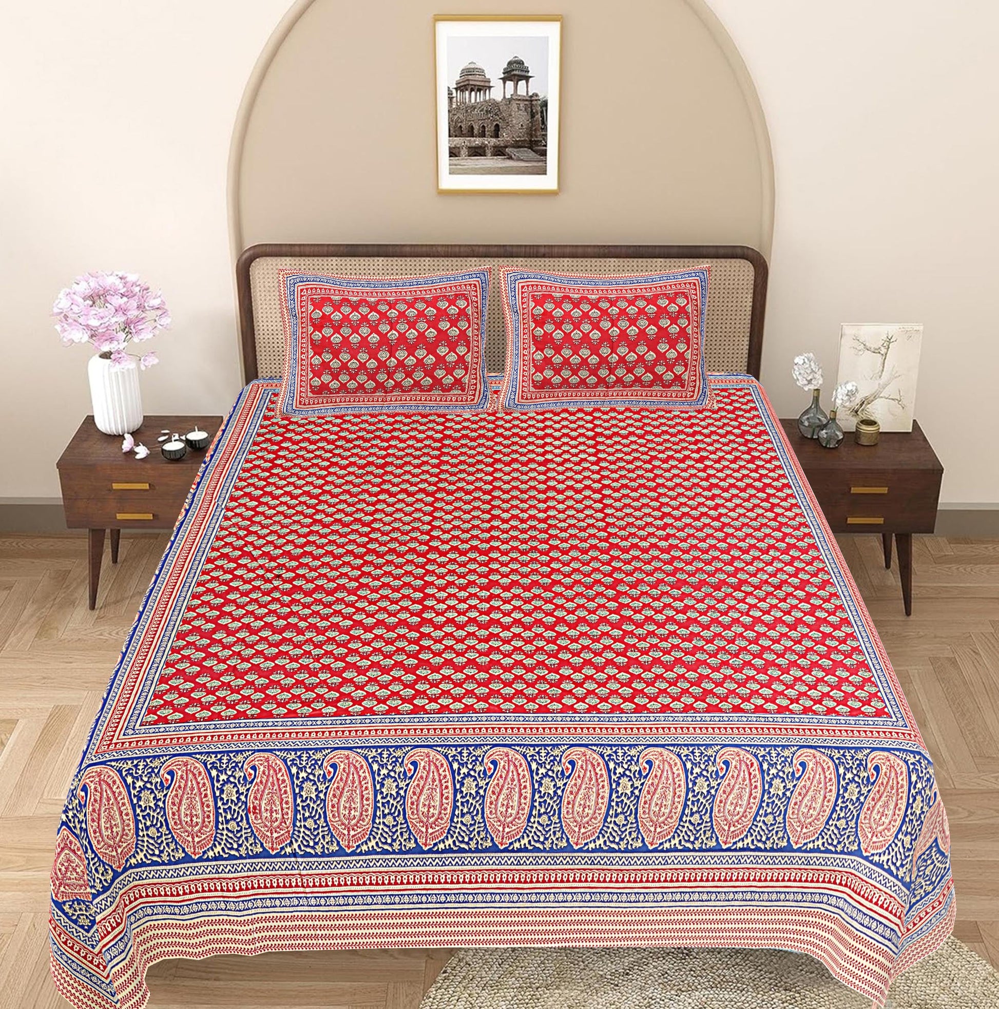 Red Paisley 240 TC Cotton 1 Super King Bedsheet with 2 Pillow Covers SHKV1099