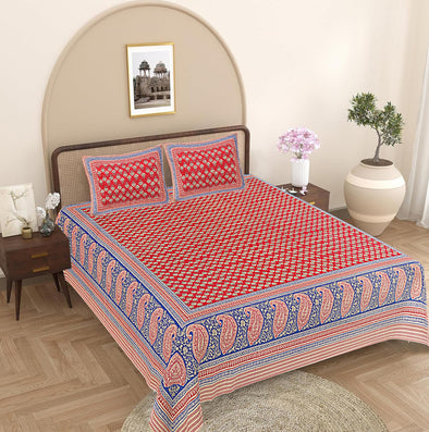 Red Paisley 240 TC Cotton 1 Super King Bedsheet with 2 Pillow Covers SHKV1099