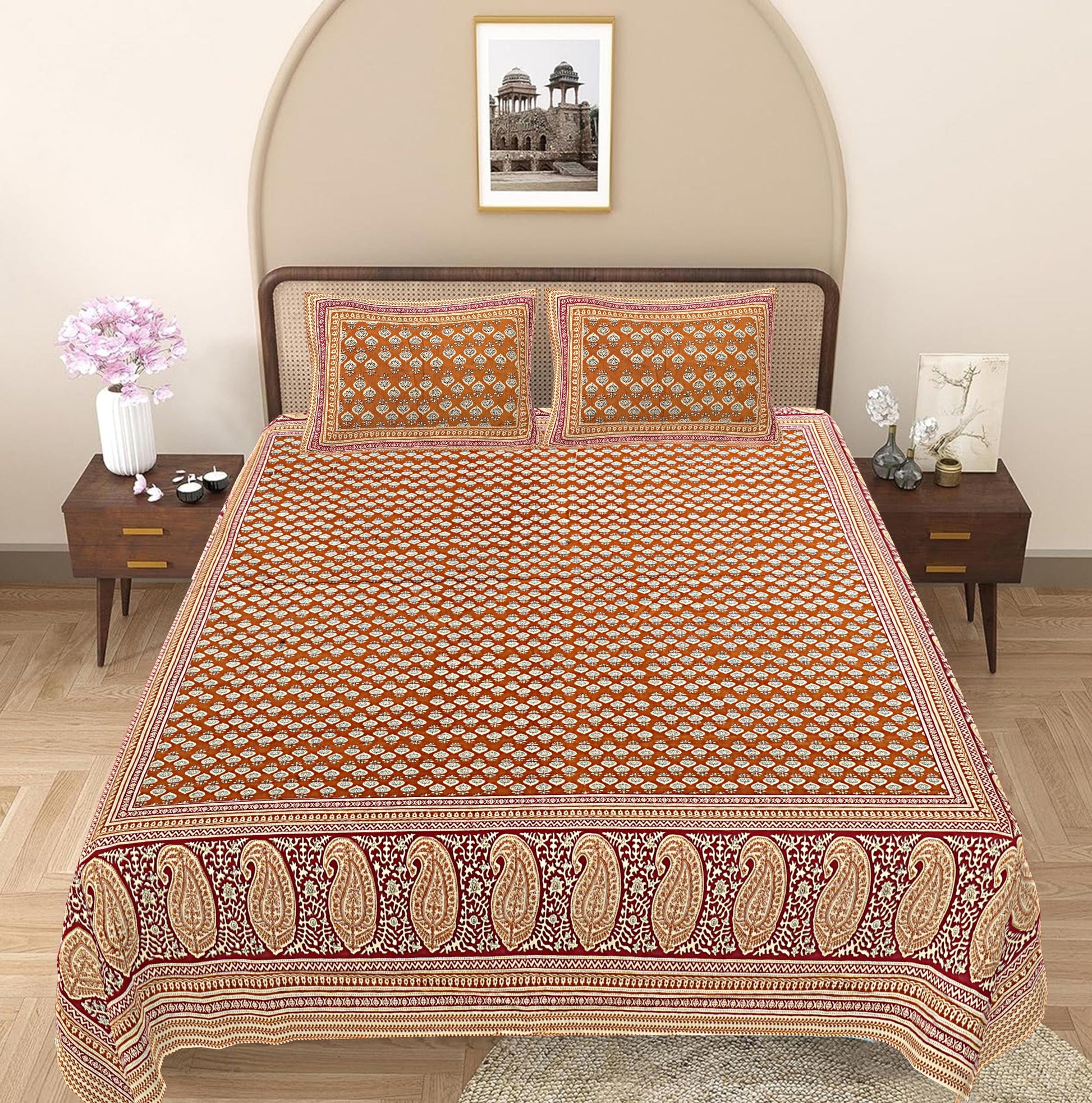 Brown Paisley 240 TC Cotton 1 Super King Bedsheet with 2 Pillow Covers SHKV1101