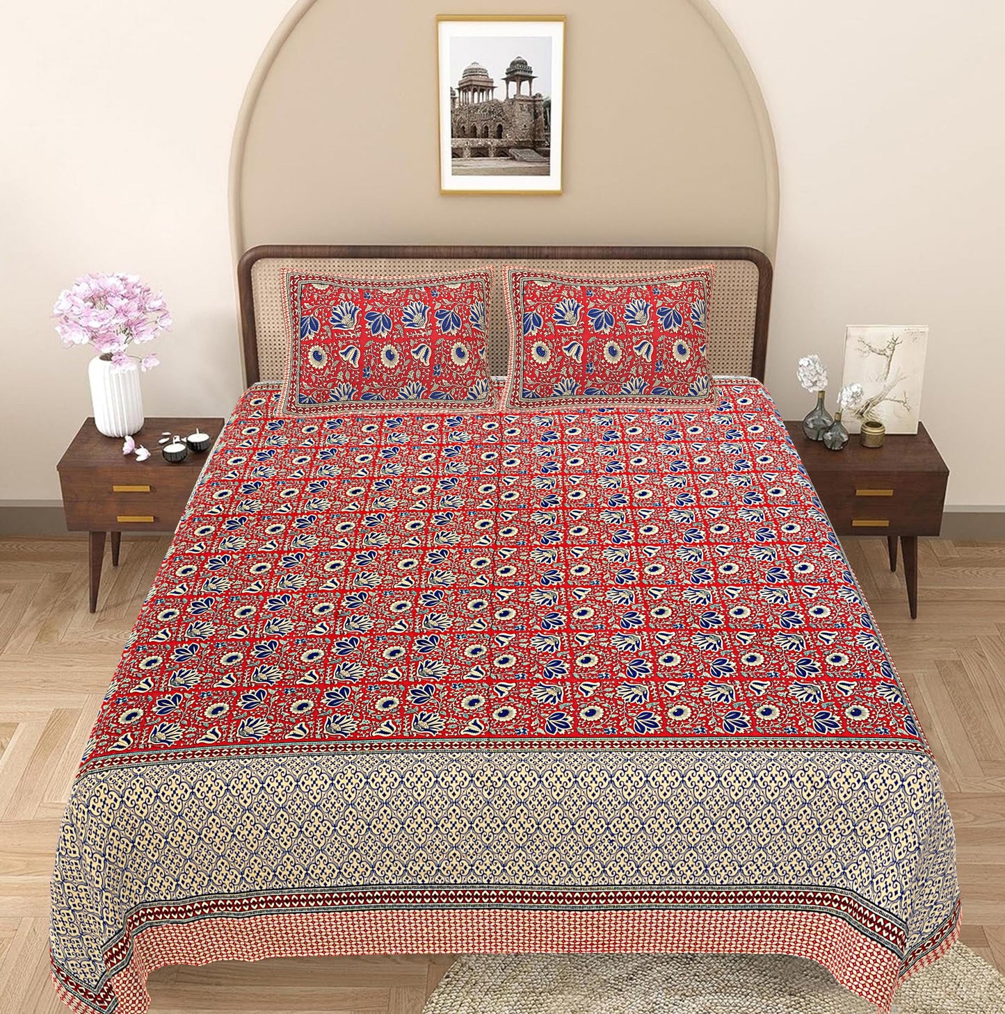 Red Floral 240 TC Cotton 1 Super King Bedsheet with 2 Pillow Covers SHKV1104