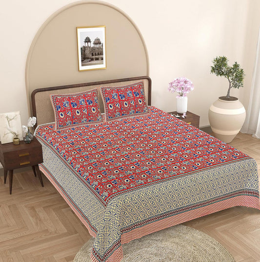 Red Floral 240 TC Cotton 1 Super King Bedsheet with 2 Pillow Covers SHKV1104