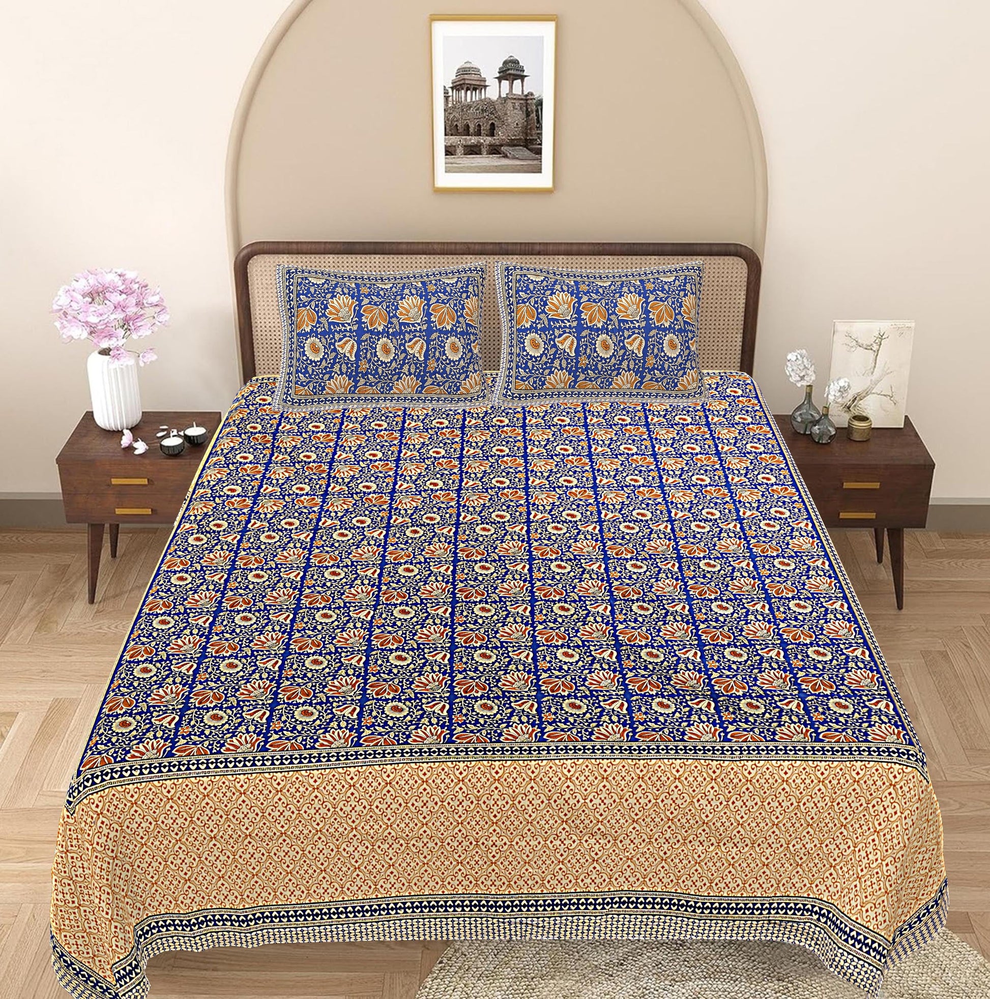 Blue Floral 240 TC Cotton 1 Super King Bedsheet with 2 Pillow Covers SHKV1105