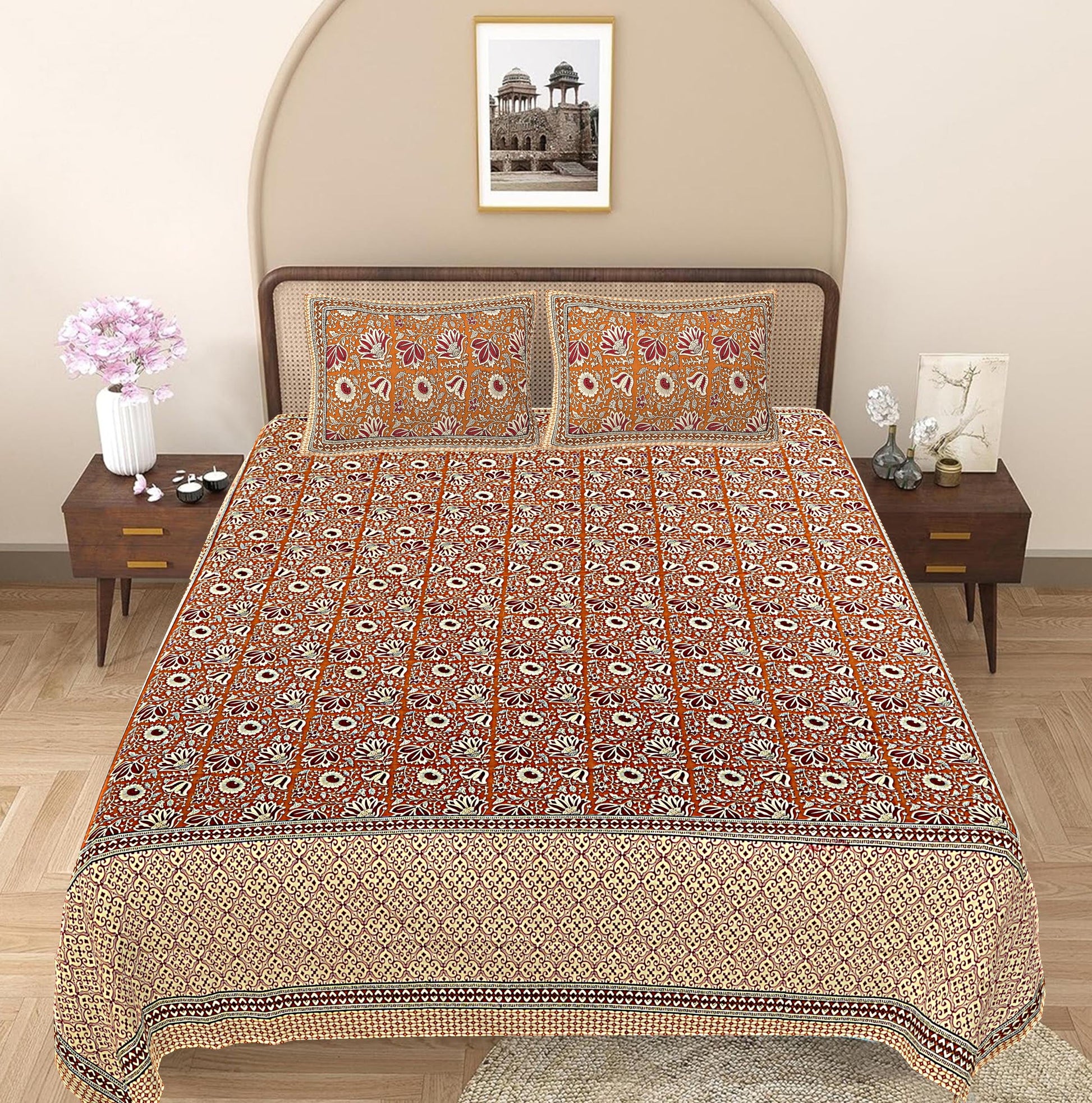 Brown Floral 240 TC Cotton 1 Super King Bedsheet with 2 Pillow Covers SHKV1106