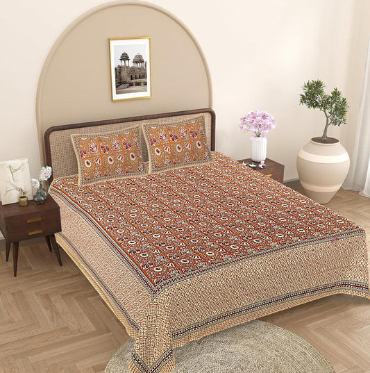 Brown Floral 240 TC Cotton 1 Super King Bedsheet with 2 Pillow Covers SHKV1106