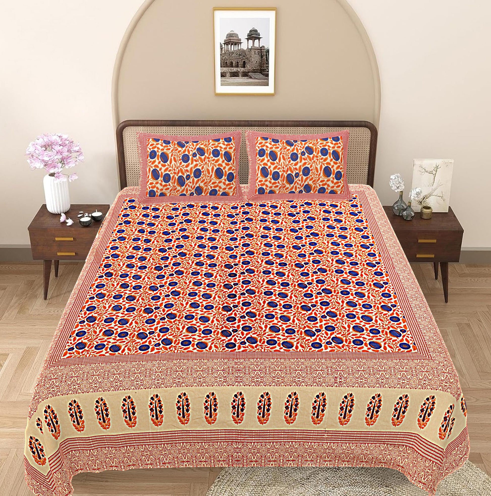 Orange Floral 240 TC Cotton 1 Super King Bedsheet with 2 Pillow Covers SHKV1107