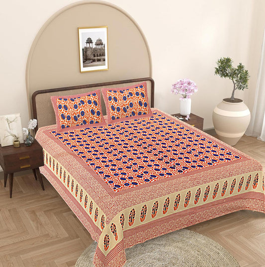 Orange Floral 240 TC Cotton 1 Super King Bedsheet with 2 Pillow Covers SHKV1107