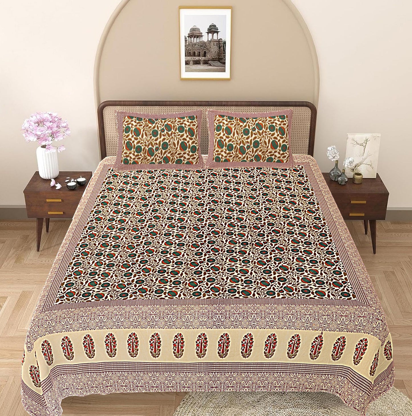 Green Floral 240 TC Cotton 1 Super King Bedsheet with 2 Pillow Covers SHKV1108