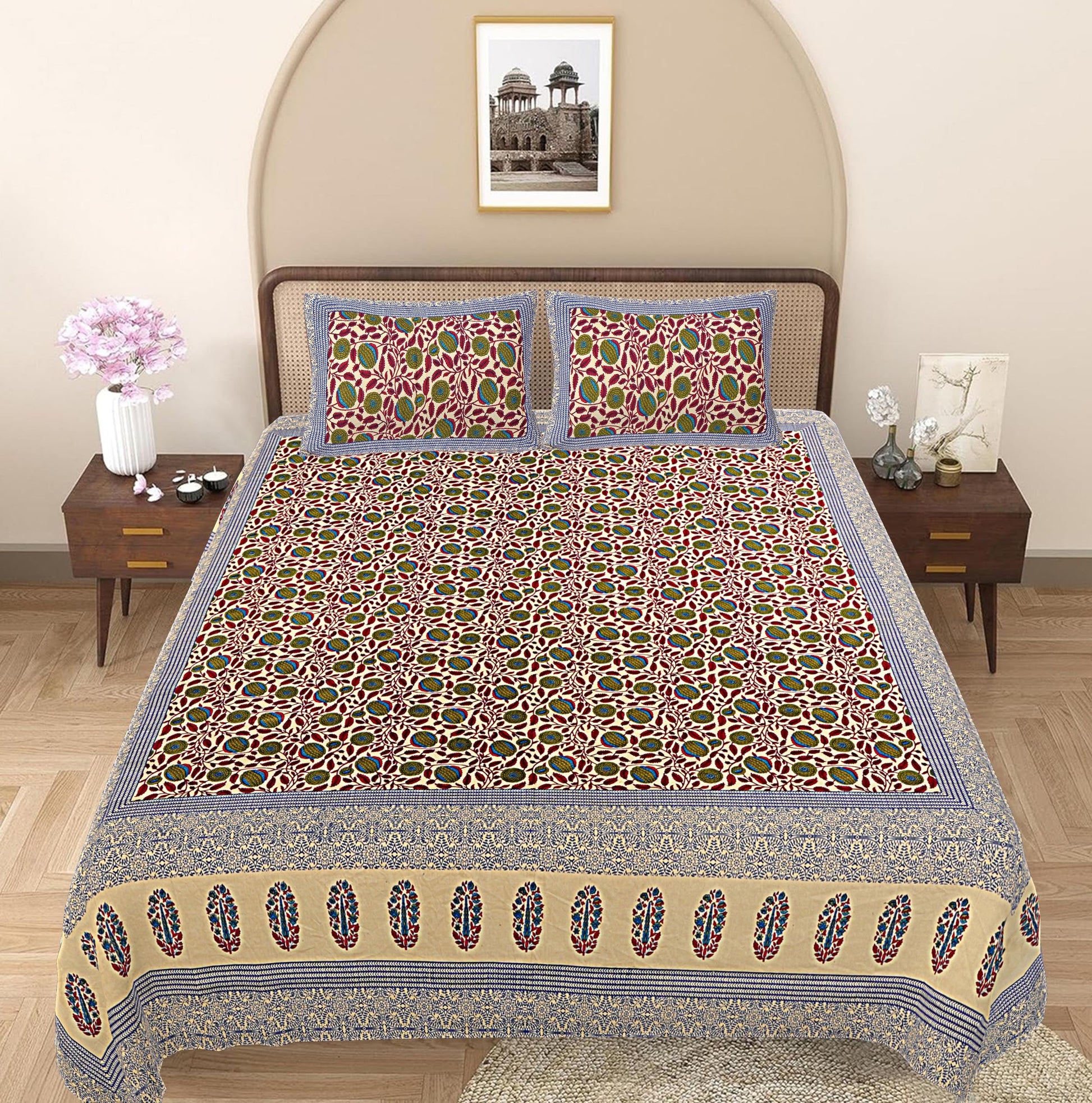 Blue Floral 240 TC Cotton 1 Super King Bedsheet with 2 Pillow Covers SHKV1110