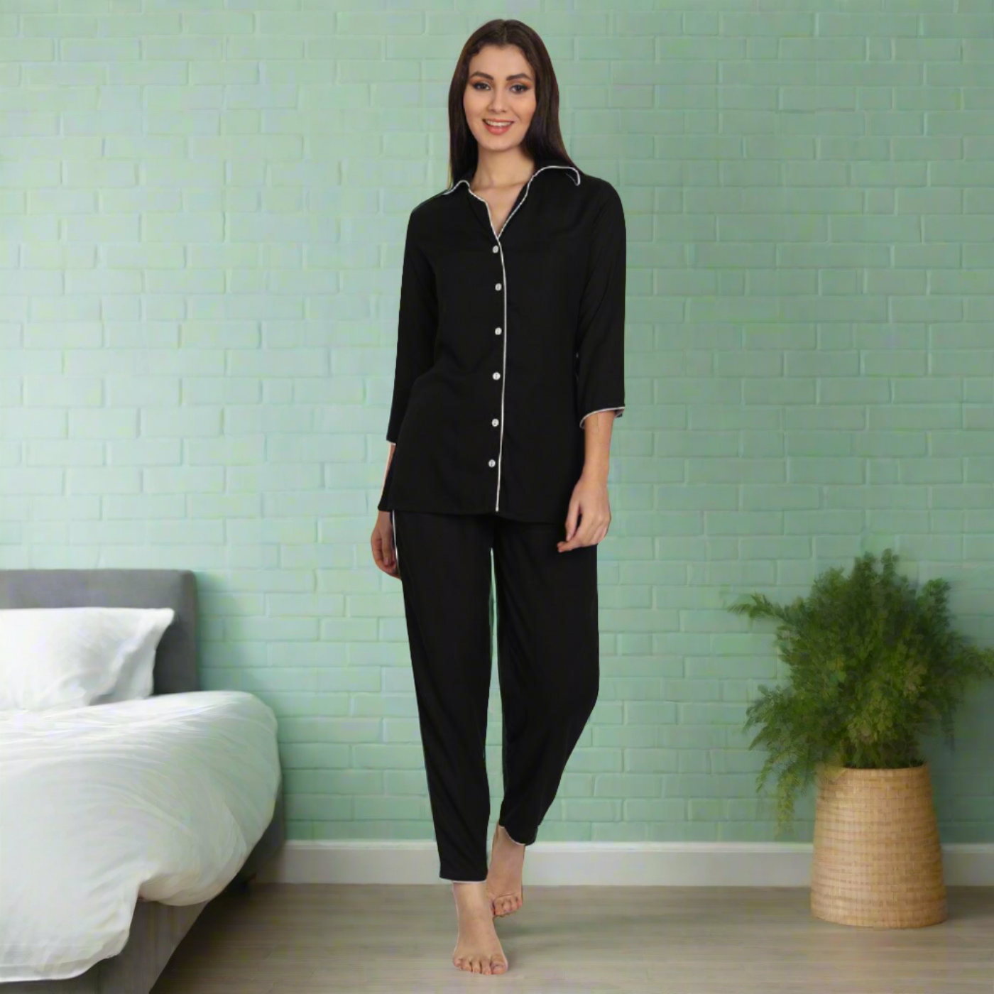 Women Black Rayon Solid Night Suit (SHKY1001)