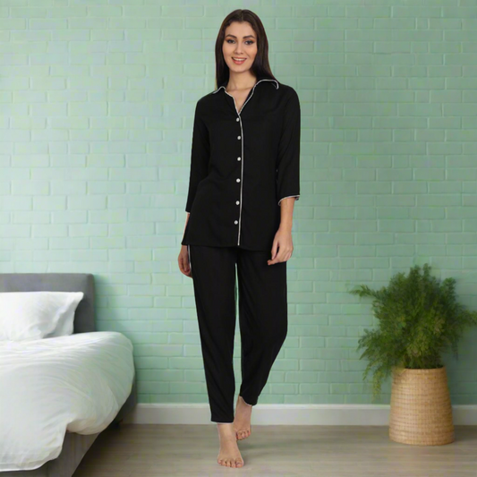 Women Black Rayon Solid Night Suit (SHKY1001)