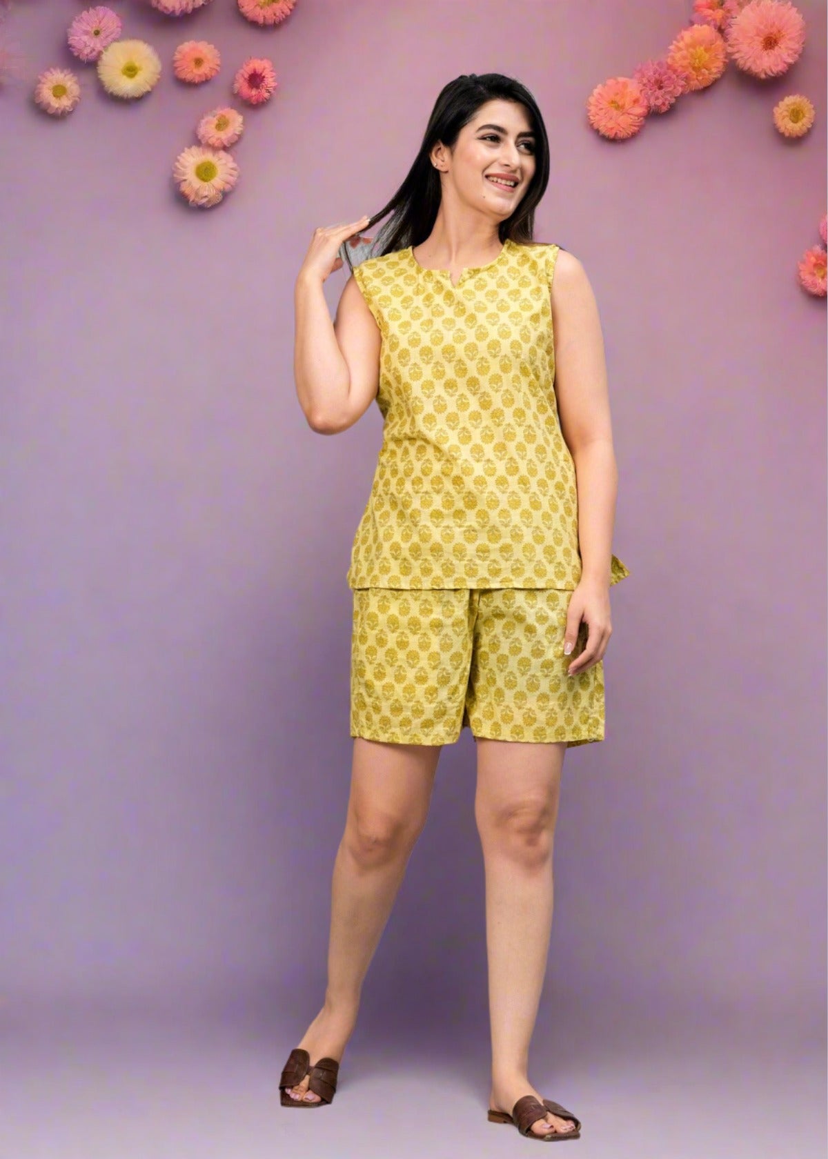 Women Mustard Yellow Printed Night suit