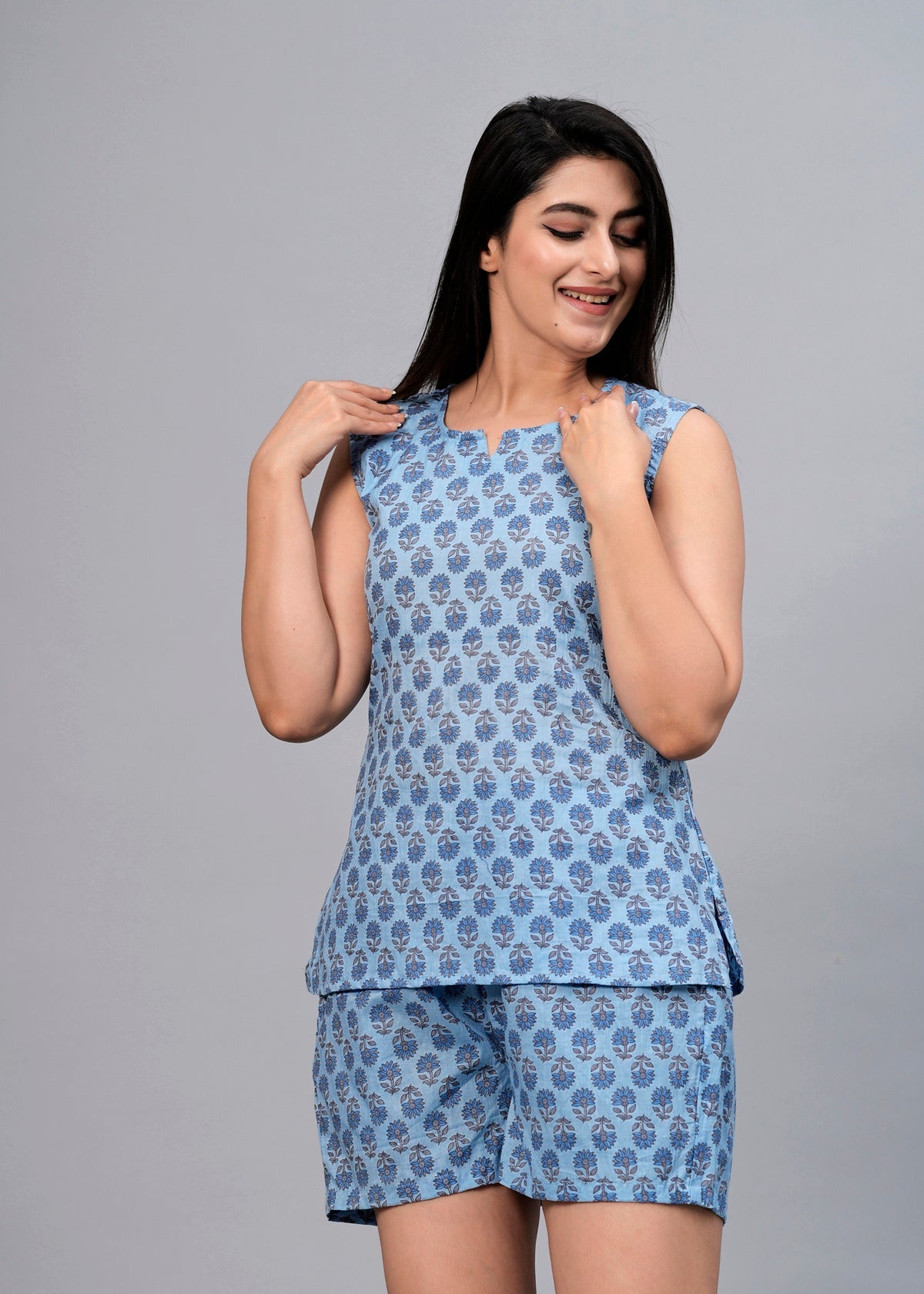 Women Blue Printed Night suit