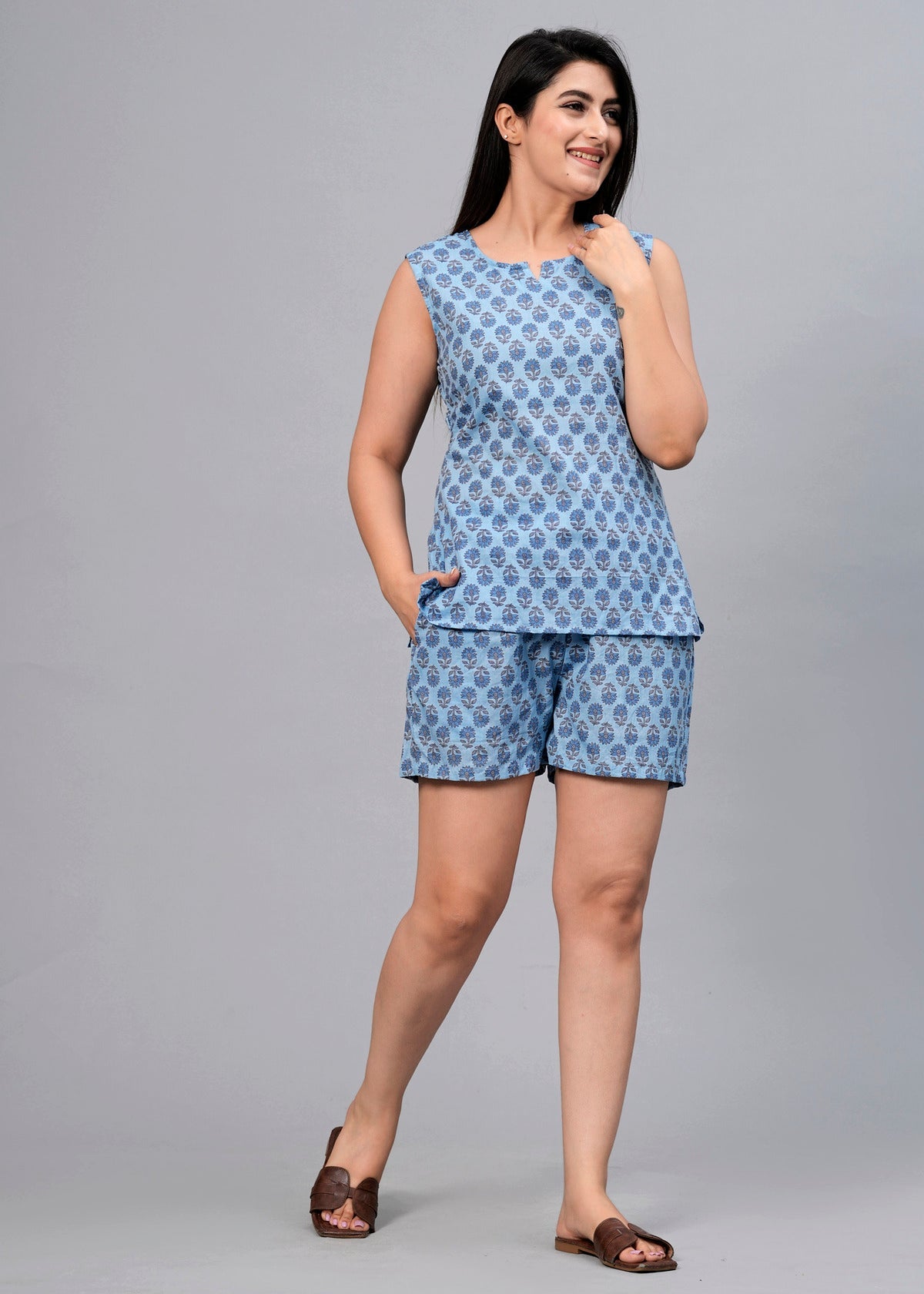 Women Blue Printed Night suit