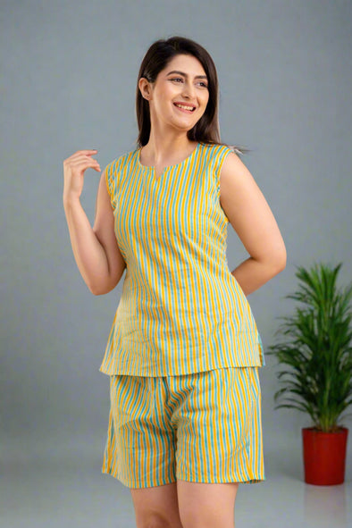 Women Vertical Striped Yellow Printed Night suit