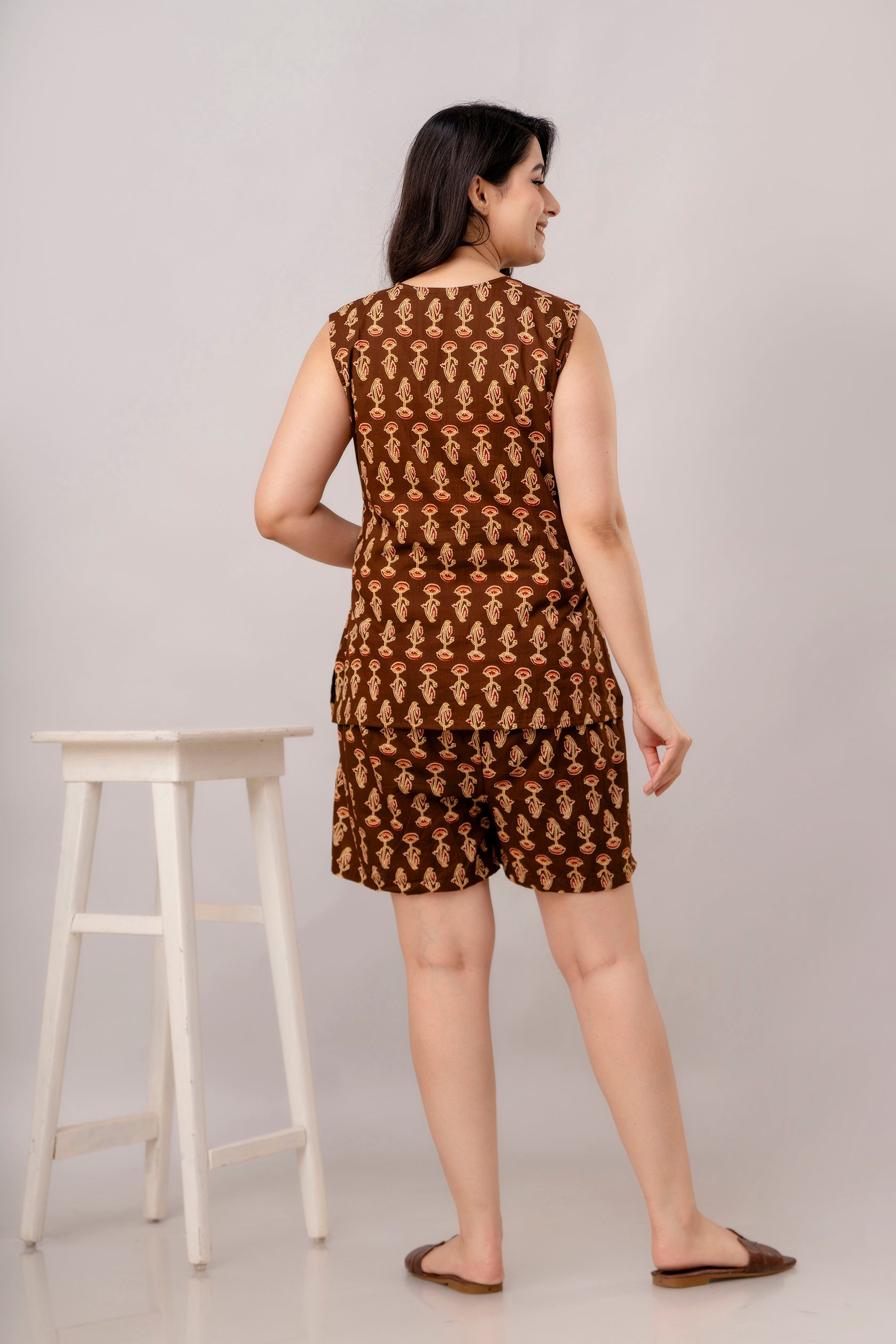 Women Floral Burnt Umber Printed Night suit